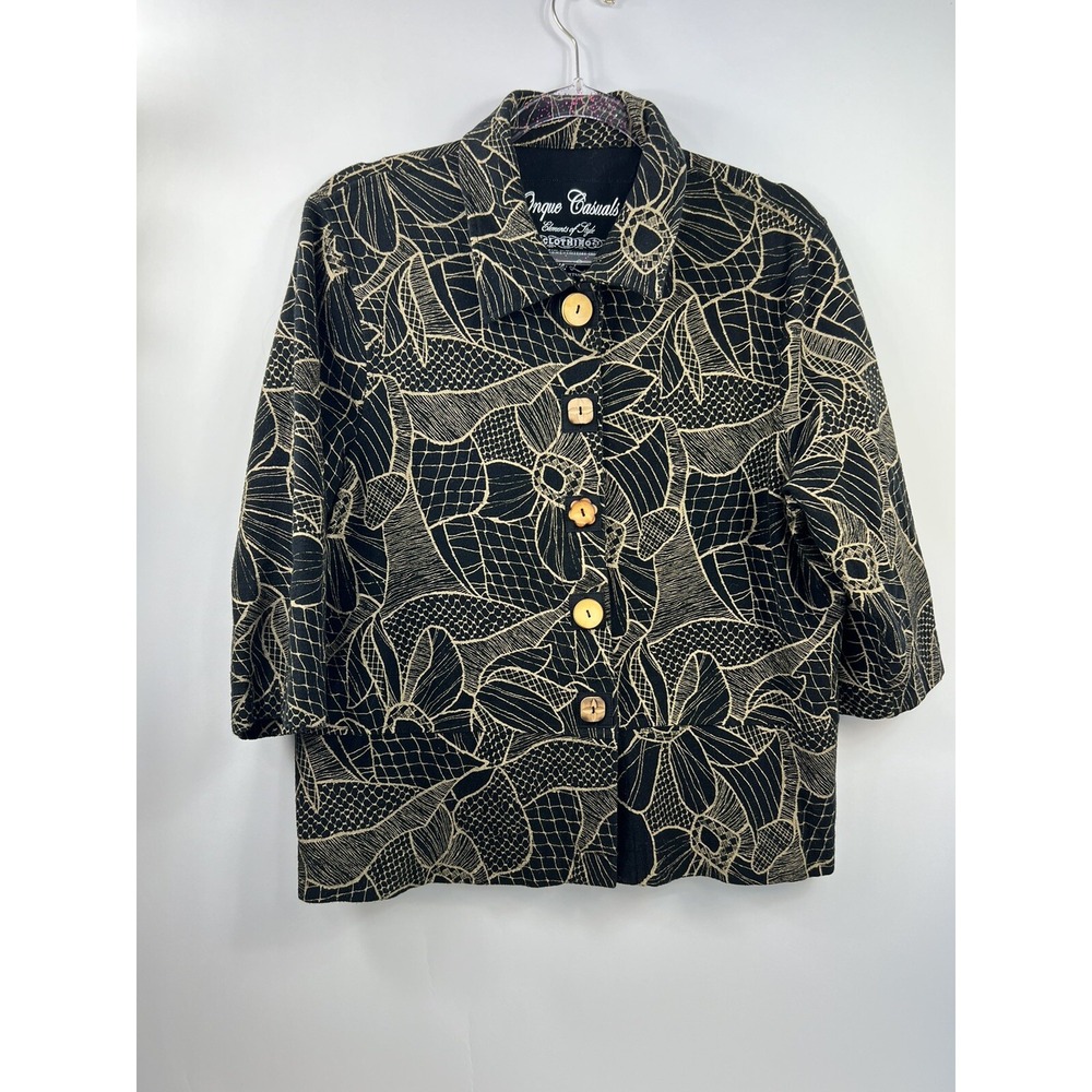 ONQUE CASUALS Jacket Black 3/4 Sleeves Women's Sz L Wooden Buttons